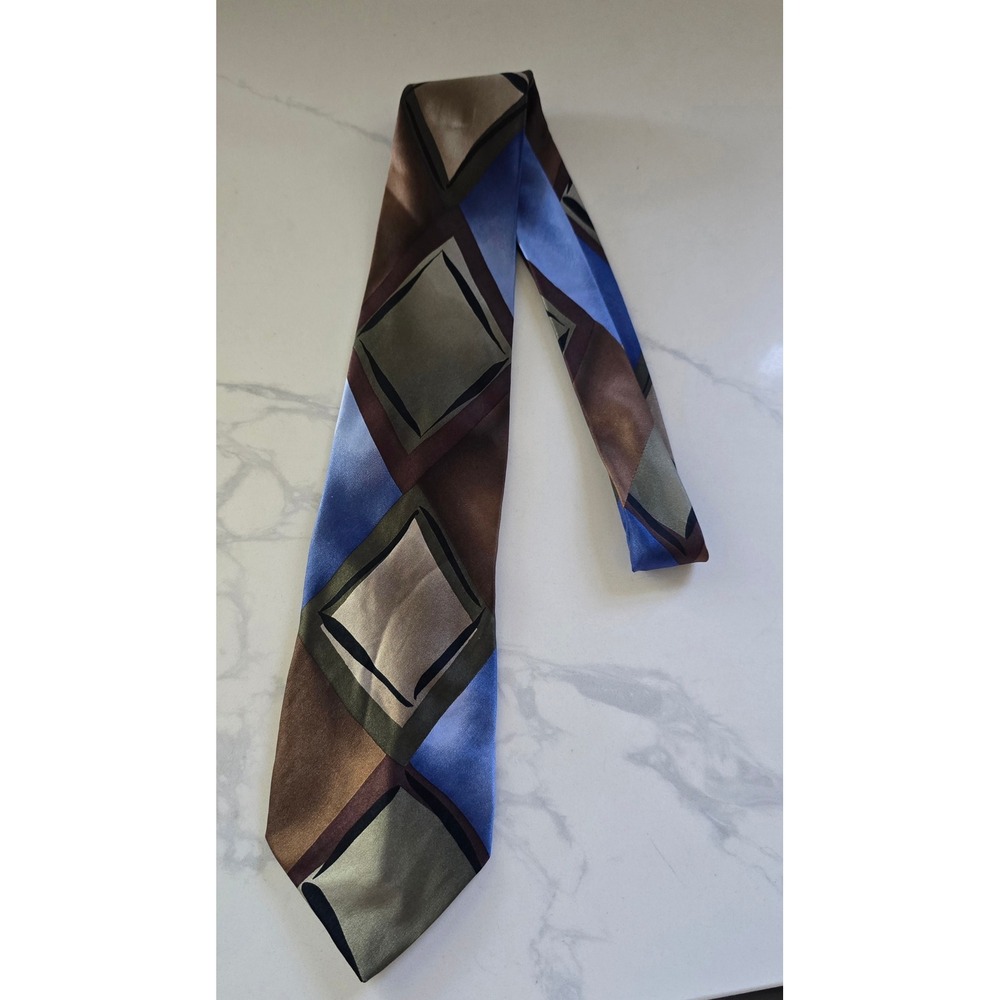 J Garcia Blue Mountain Collection 32 Silk Tie Geometric Diamond Blue Brown 1996